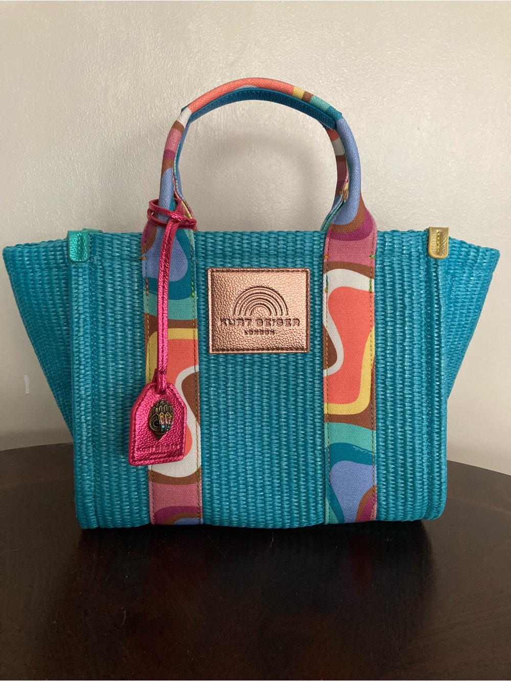 Kurt Geiger Turquoise Woven Tote with Multicolor Straps